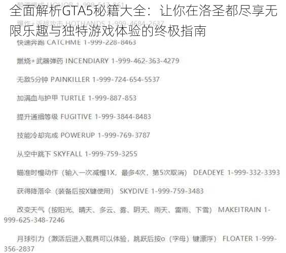 全面解析GTA5秘籍大全：让你在洛圣都尽享无限乐趣与独特游戏体验的终极指南