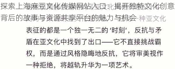 探索上海麻豆文化传媒网站入口：揭开独特文化创意背后的故事与资源共享平台的魅力与机会