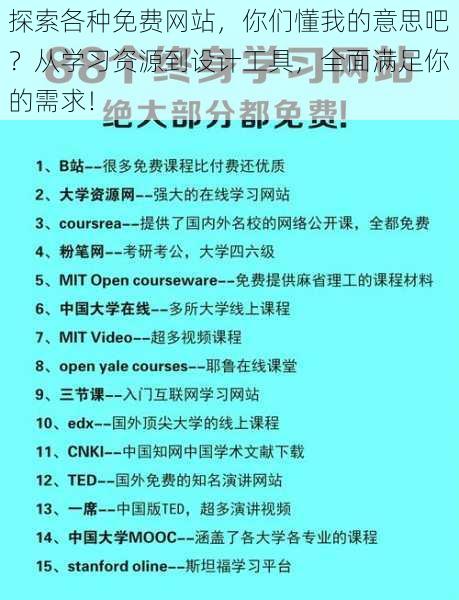 探索各种免费网站，你们懂我的意思吧？从学习资源到设计工具，全面满足你的需求！