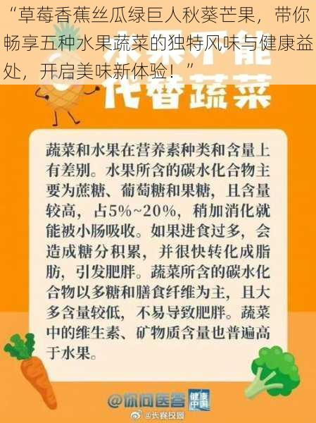 “草莓香蕉丝瓜绿巨人秋葵芒果，带你畅享五种水果蔬菜的独特风味与健康益处，开启美味新体验！”