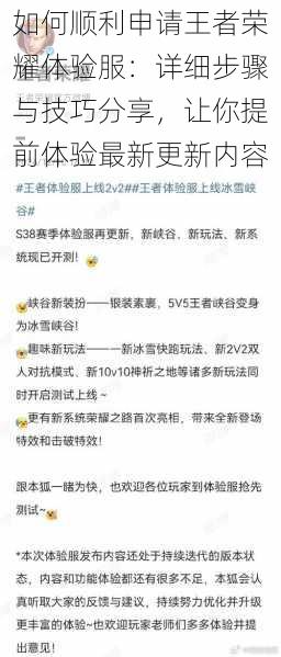 如何顺利申请王者荣耀体验服：详细步骤与技巧分享，让你提前体验最新更新内容