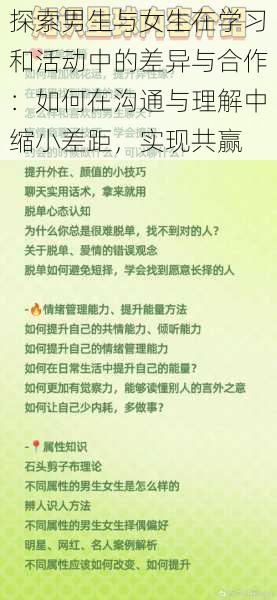 探索男生与女生在学习和活动中的差异与合作：如何在沟通与理解中缩小差距，实现共赢