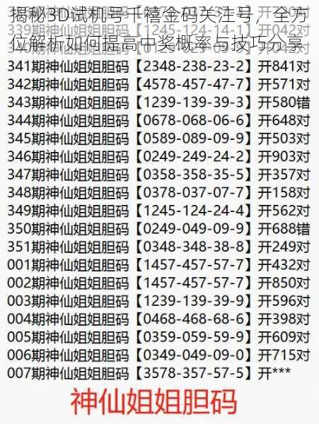 揭秘3D试机号千禧金码关注号，全方位解析如何提高中奖概率与技巧分享