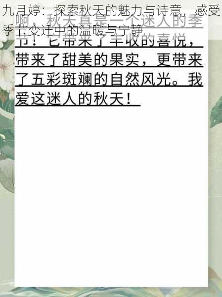 九月婷：探索秋天的魅力与诗意，感受季节变迁中的温暖与宁静