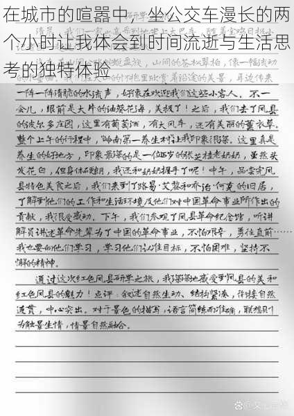 在城市的喧嚣中，坐公交车漫长的两个小时让我体会到时间流逝与生活思考的独特体验