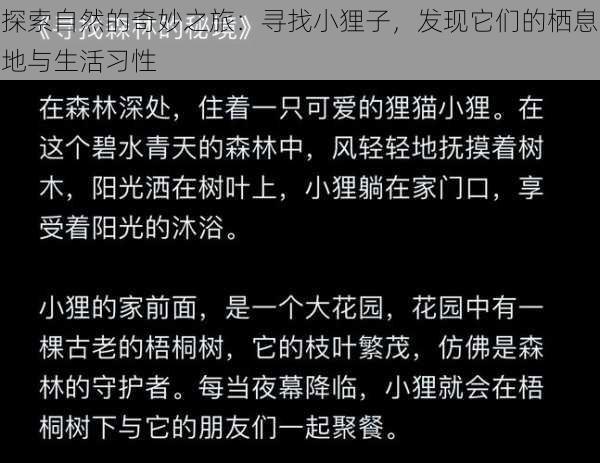 探索自然的奇妙之旅：寻找小狸子，发现它们的栖息地与生活习性