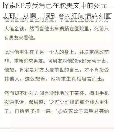 探索NP总受角色在耽美文中的多元表现：从嗯、啊到哈的细腻情感刻画