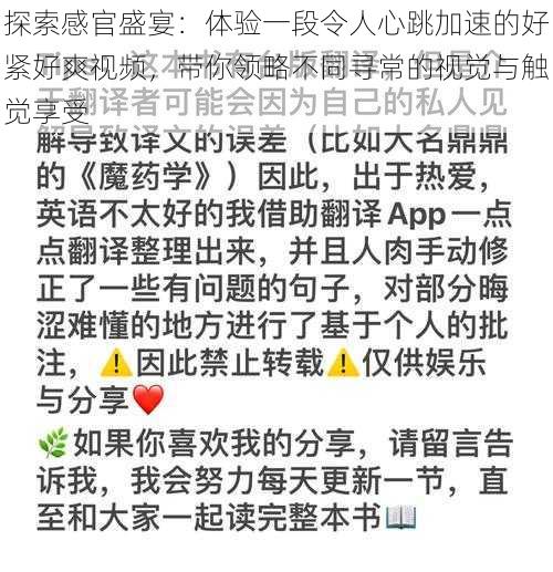 探索感官盛宴：体验一段令人心跳加速的好紧好爽视频，带你领略不同寻常的视觉与触觉享受