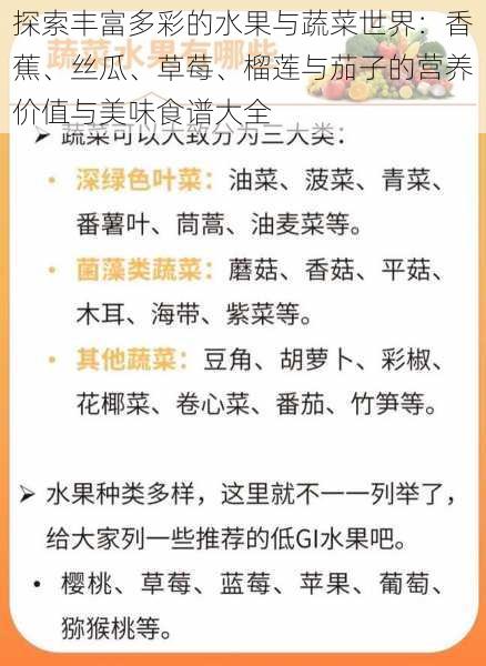 探索丰富多彩的水果与蔬菜世界：香蕉、丝瓜、草莓、榴莲与茄子的营养价值与美味食谱大全