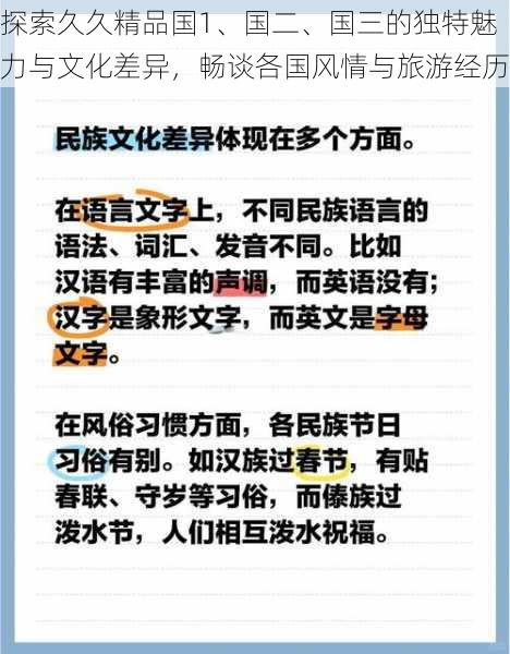 探索久久精品国1、国二、国三的独特魅力与文化差异，畅谈各国风情与旅游经历