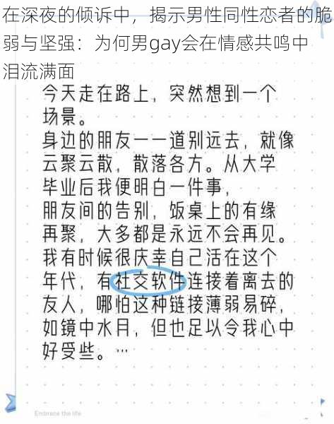 在深夜的倾诉中，揭示男性同性恋者的脆弱与坚强：为何男gay会在情感共鸣中泪流满面