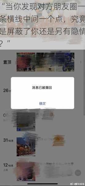 “当你发现对方朋友圈一条横线中间一个点，究竟是屏蔽了你还是另有隐情？”