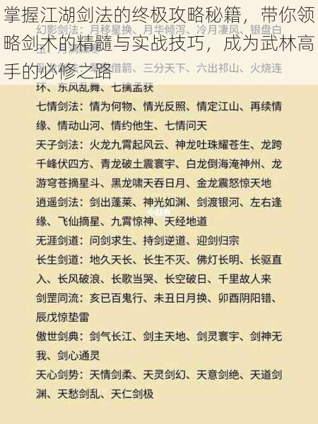 掌握江湖剑法的终极攻略秘籍，带你领略剑术的精髓与实战技巧，成为武林高手的必修之路