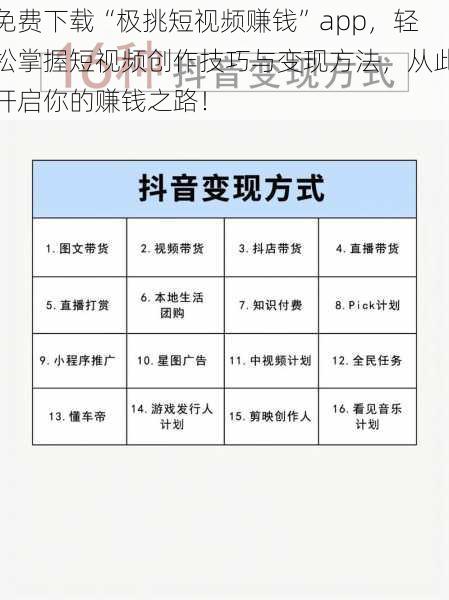 免费下载“极挑短视频赚钱”app，轻松掌握短视频创作技巧与变现方法，从此开启你的赚钱之路！