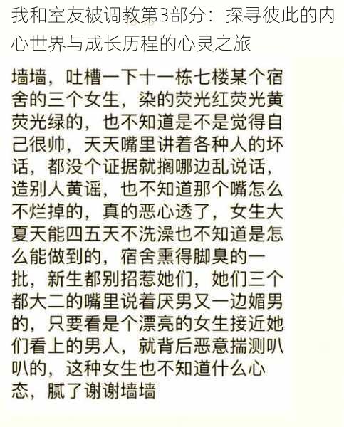 我和室友被调教第3部分：探寻彼此的内心世界与成长历程的心灵之旅