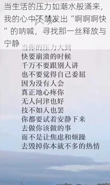 当生活的压力如潮水般涌来，我的心中不禁发出“啊啊啊快”的呐喊，寻找那一丝释放与宁静