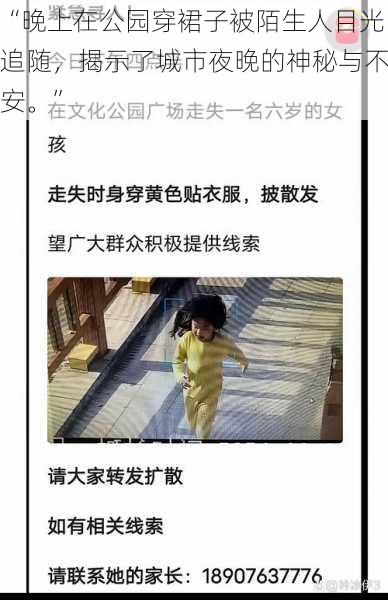 “晚上在公园穿裙子被陌生人目光追随，揭示了城市夜晚的神秘与不安。”