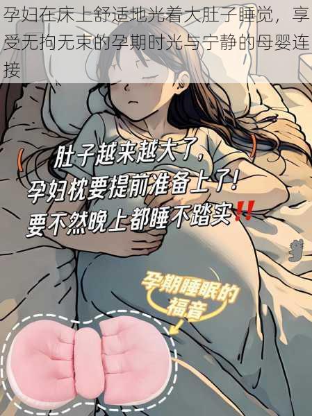 孕妇在床上舒适地光着大肚子睡觉，享受无拘无束的孕期时光与宁静的母婴连接