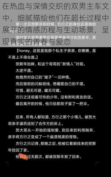 在热血与深情交织的双男主车文中，细腻描绘他们在超长过程中展开的情感历程与生动场景，呈现真实的青春与爱恋