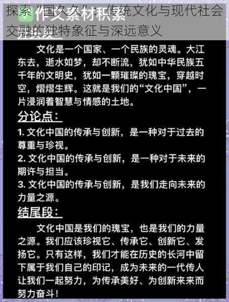 探索“国久久”：传统文化与现代社会交融的独特象征与深远意义