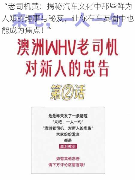 “老司机黄：揭秘汽车文化中那些鲜为人知的趣事与秘笈，让你在车友圈中也能成为焦点！”