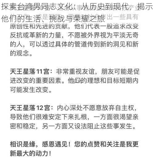 探索台湾男同志文化：从历史到现代，揭示他们的生活、挑战与荣耀之旅