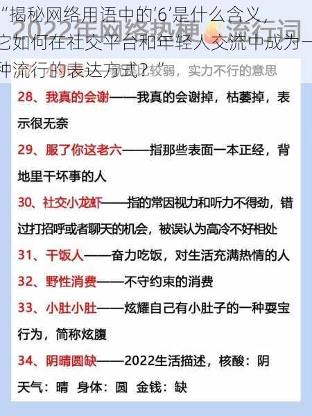 “揭秘网络用语中的‘6’是什么含义，它如何在社交平台和年轻人交流中成为一种流行的表达方式？”