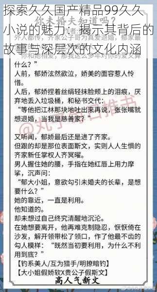 探索久久国产精品99久久小说的魅力：揭示其背后的故事与深层次的文化内涵