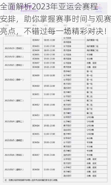 全面解析2023年亚运会赛程安排，助你掌握赛事时间与观赛亮点，不错过每一场精彩对决！