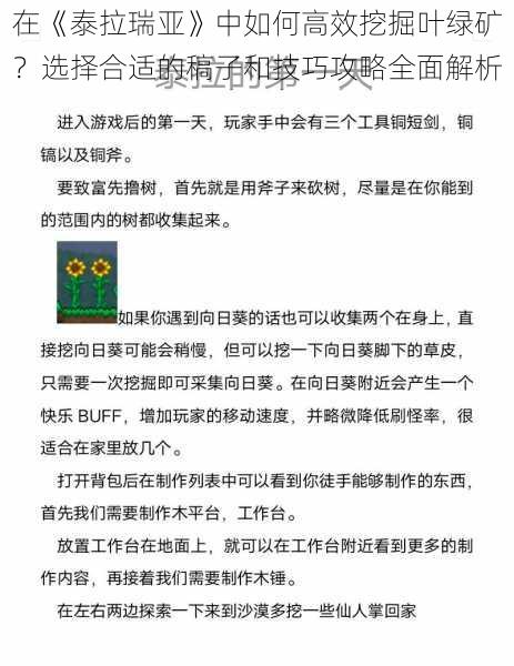 在《泰拉瑞亚》中如何高效挖掘叶绿矿？选择合适的稿子和技巧攻略全面解析