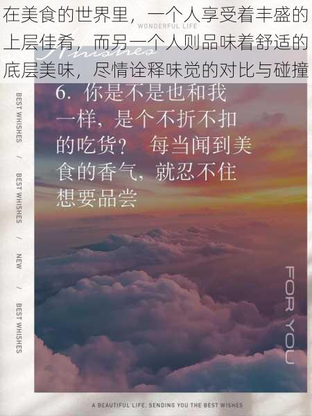 在美食的世界里，一个人享受着丰盛的上层佳肴，而另一个人则品味着舒适的底层美味，尽情诠释味觉的对比与碰撞