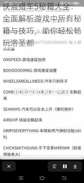 侠盗猎车5秘籍大全：全面解析游戏中所有秘籍与技巧，助你轻松畅玩洛圣都