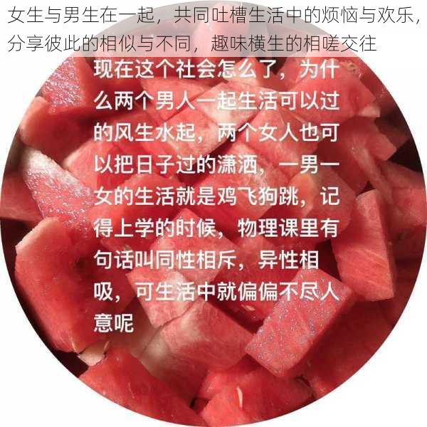 女生与男生在一起，共同吐槽生活中的烦恼与欢乐，分享彼此的相似与不同，趣味横生的相嗟交往